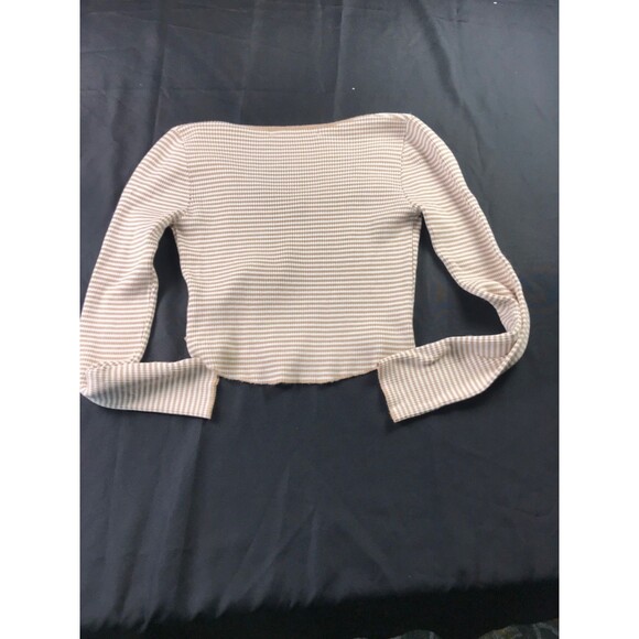 Altar'd State Cropped Ribbed Long Sleeve V-Neck Striped Tan White Sweater Medium - Picture 8 of 8